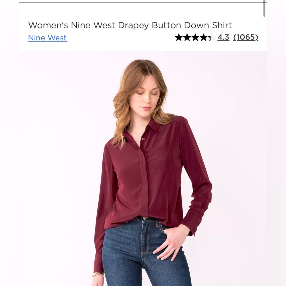 Nine West women’s button down blouse, wine red size small, drapey slimming top